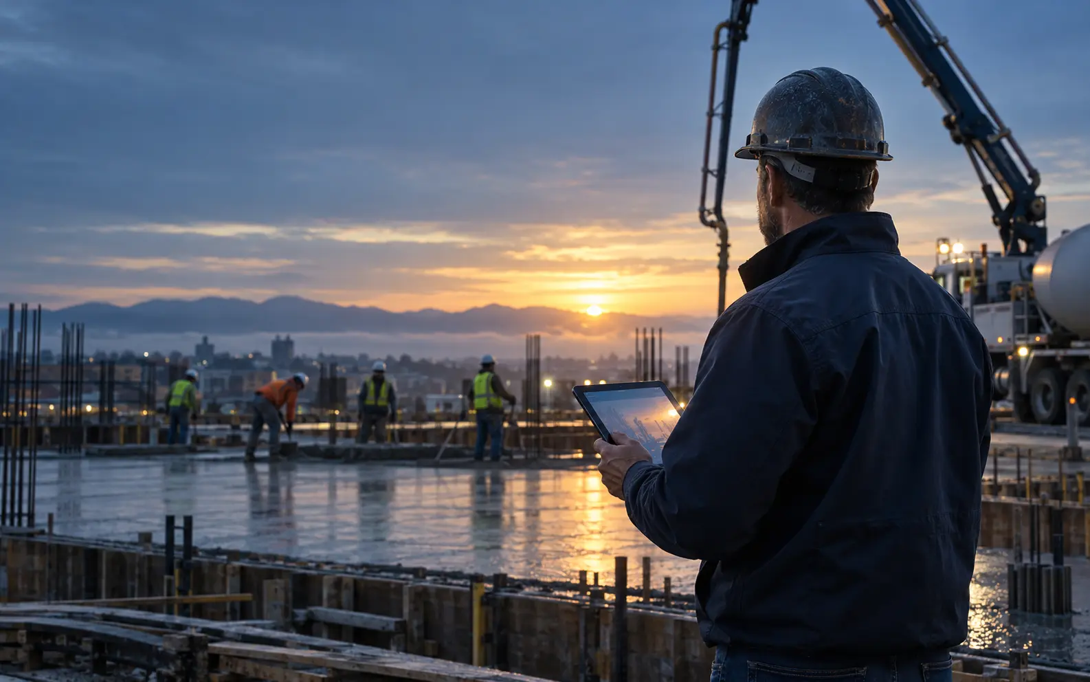 Foundec jobsite A construction superintendent reviewing a jobsite from a tablet